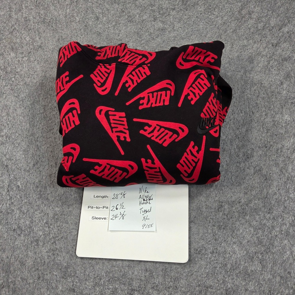 Nike Sportswear Club Hoodie Mens XL Black Red All Over Print Fleece Pullover - Picture 3 of 9
